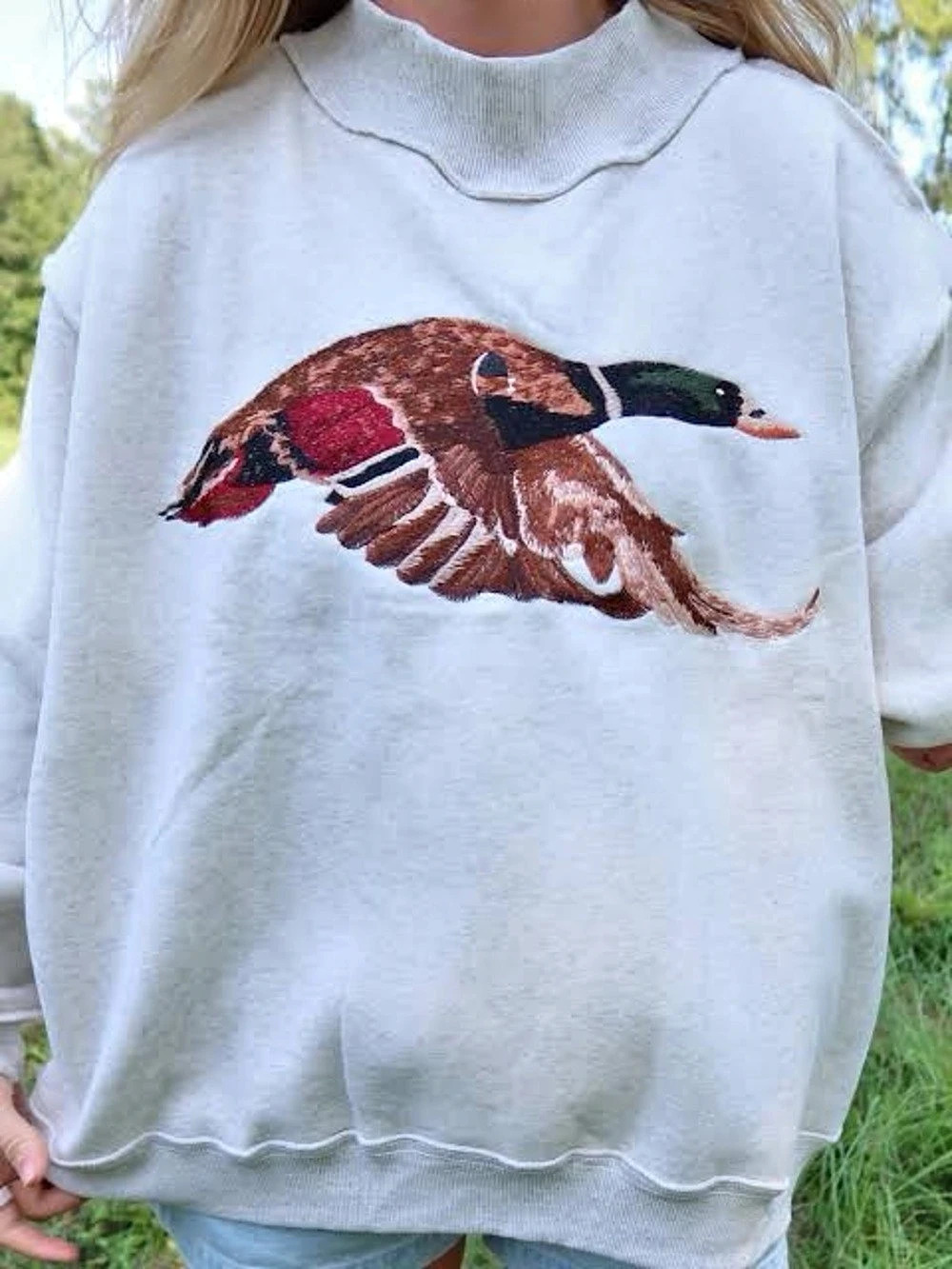 Bucket List Mallard Duck Embroidered Mock Neck Sweatshirt Gray Size L NWT